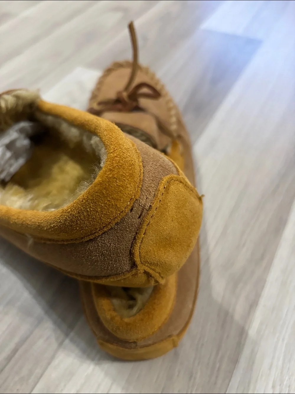 L.L. Brown Suede Moccasin Slippers with Fur Lining Kids Size 6